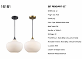 Aristo Ribbed Glass Oval 1-Light Pendant Fixture in Modern Brass or Satin Black