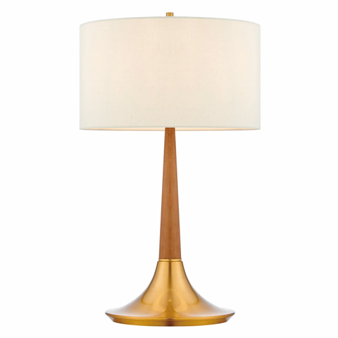 Portillo Retro MCM Brass & Birch Wood Laurel Table Lamp with Linen Drum Shade