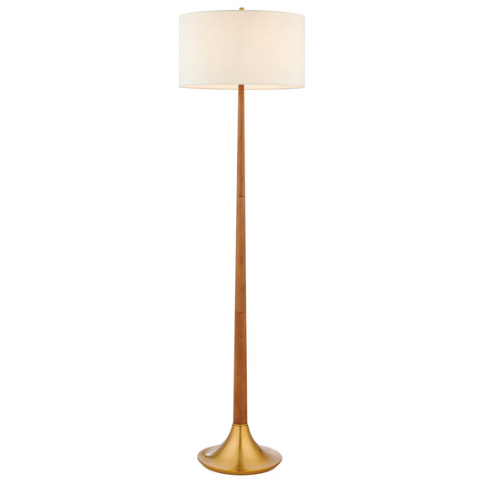 Portillo Retro MCM Brass & Birch Wood Laurel Floor Lamp with Linen Drum Shade