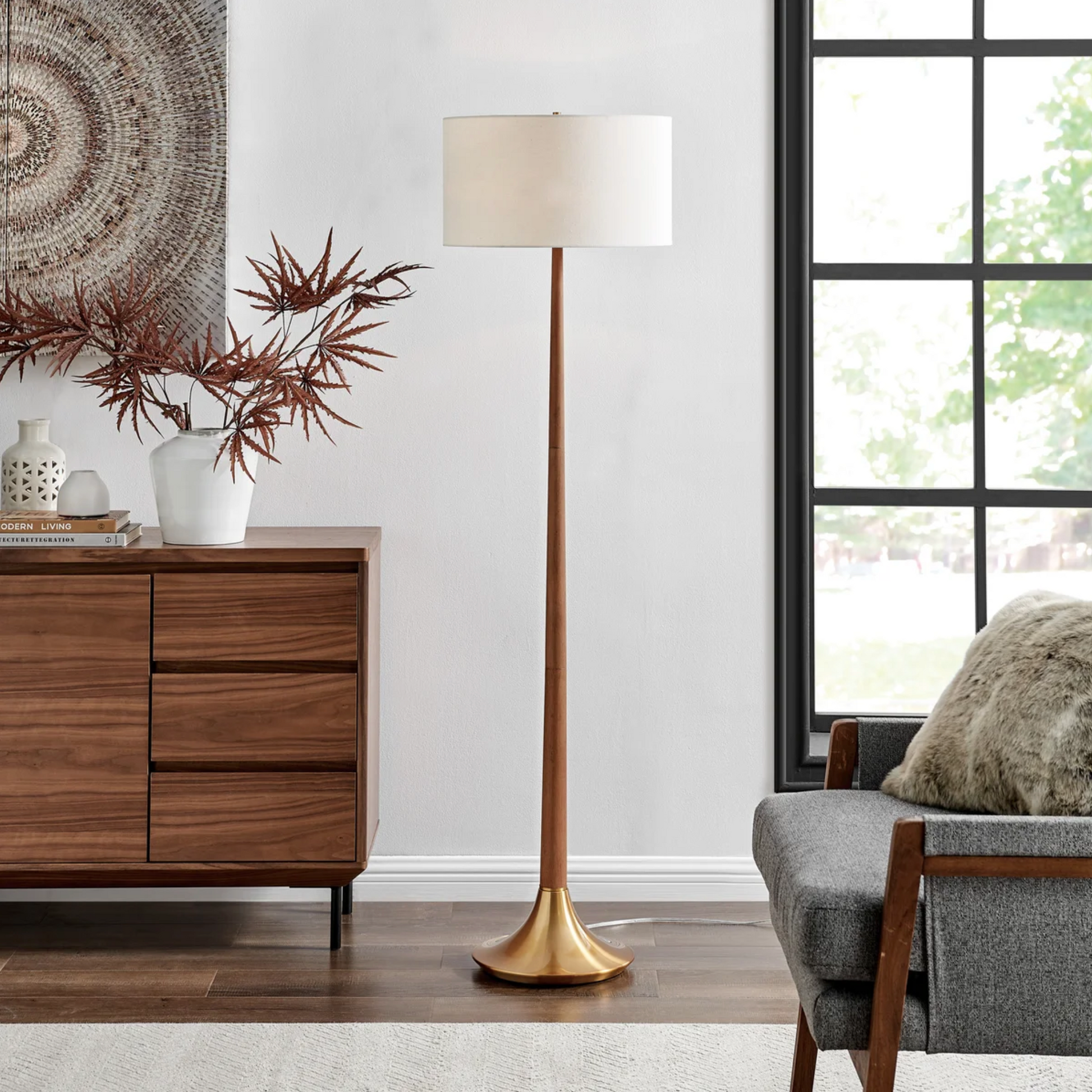 Portillo Retro MCM Brass & Birch Wood Laurel Floor Lamp with Linen Drum Shade