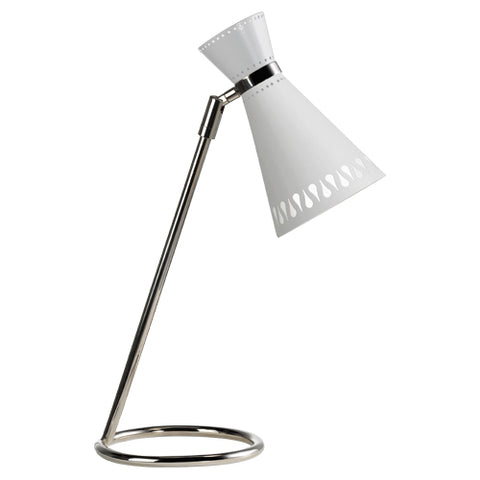 Havana Midcentury Modern Cone Shade Pinhole Desk Lamp in White and Polished Nickel by Jonathan Adler
