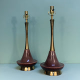 Pair of 1950s Vintage Purple Ceramic & Brass Table Lamps