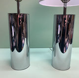 Pair of Vintage 1960s Polished Chrome Table Lamps with White Linen Shades - Practical Props