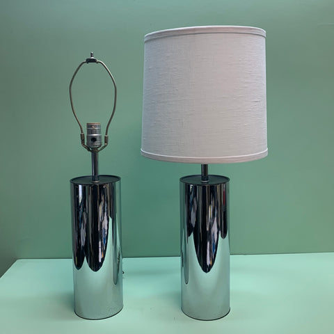 Pair of Vintage 1960s Polished Chrome Table Lamps with White Linen Shades - Practical Props
